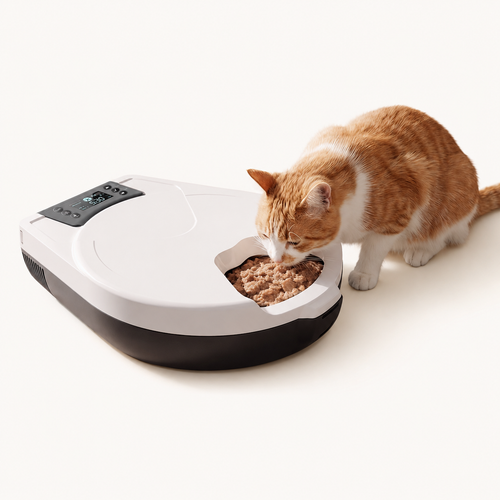 Gato atigrado comiendo comida húmeda de una de las raciones del comedero refrigerado